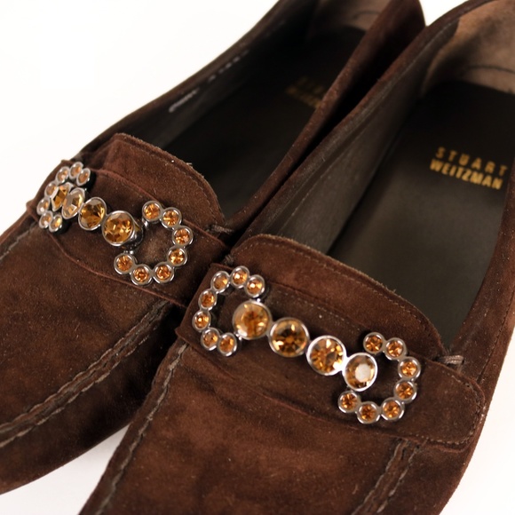 Stuart Weitzman Brown Suede Crystal Horsebit Driving Loafers Size 6.5 - Picture 4 of 5